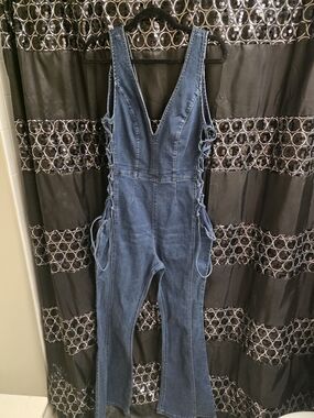 We The Free Denim Lace-Up Jumpsuit in Medium Blue